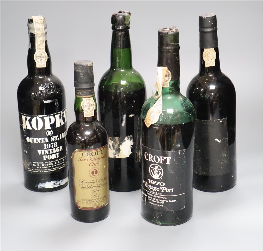 Five assorted bottles of port